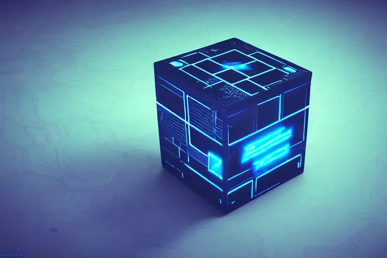 Prompt: a single Cyberpunk sci-fi intricate black and neon blue cube no background 4K 3D render desktopography HD Wallpaper digital art