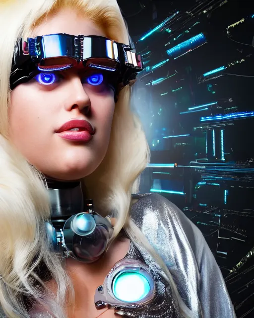 Image similar to centered portrait photo of soulful young anna nicole smith as a solarpunk mecha humanoid robotic parts wearing goggles with bright lights, real human face, pudica pose, inside white room, ultra - realistic and detailed, 8 k