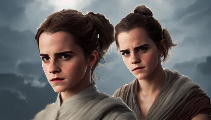 Image similar to Emma Watson is Rey Skywalker, hyperdetailed, artstation, cgsociety, 8k