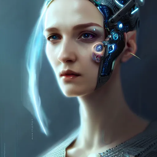 Image similar to cyberpunk robotic dark elvish queen, diadem on the head, extremely detailed, hyperrealistic, intricate, soft light, fantasy, digital painting, art station, perfect faces, fine details, by wlop