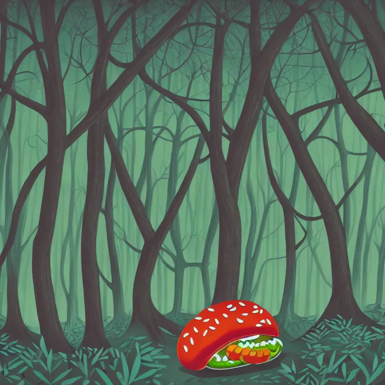 Prompt: illustration of a futuristic forest with a lone hotdog, highly detailed, by Malika Fayre