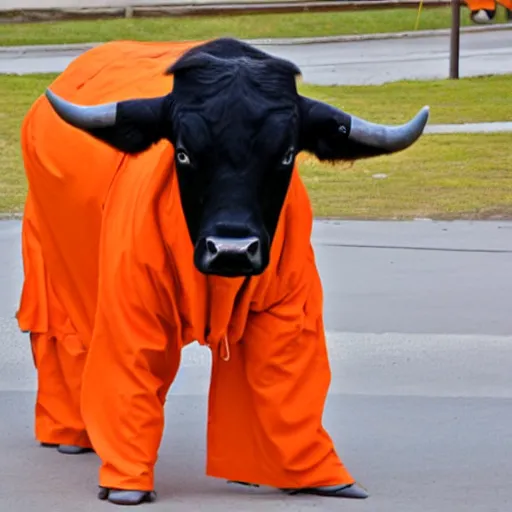 Prompt: bull using orange inmate clothes