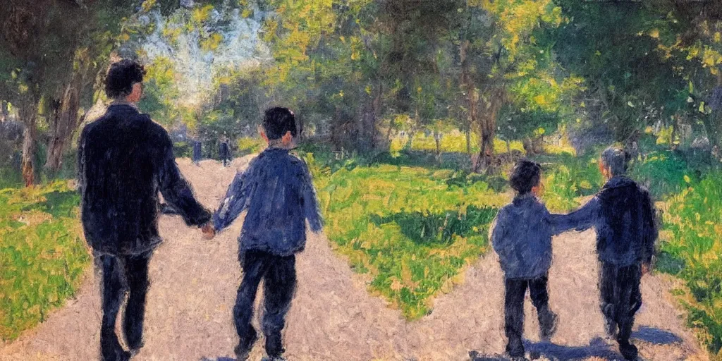 Image similar to a man with dark hair holding the hands of a young boy with dark hair as they walk down a suburban highway on a bright beautiful day. in the style of an impressionist painting.