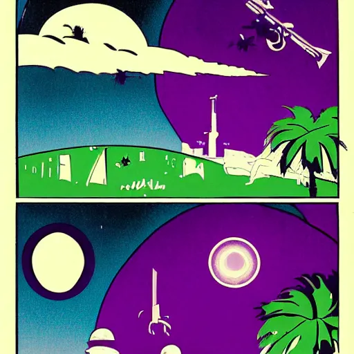 Prompt: ufo and aliens with pepe the frog beaming up abducting cows along coast line pastures, summer night and palm trees. by patrick nagel, by norman rockwell, by virgil finlay minimalist lighting, precisionist, 1 0 0 0 0 mm. purple and green gammas.