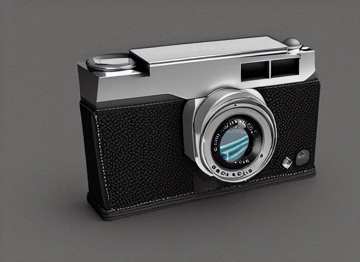 Image similar to modern rangefinder camera, front view, photoshop concept, digital art, illustration