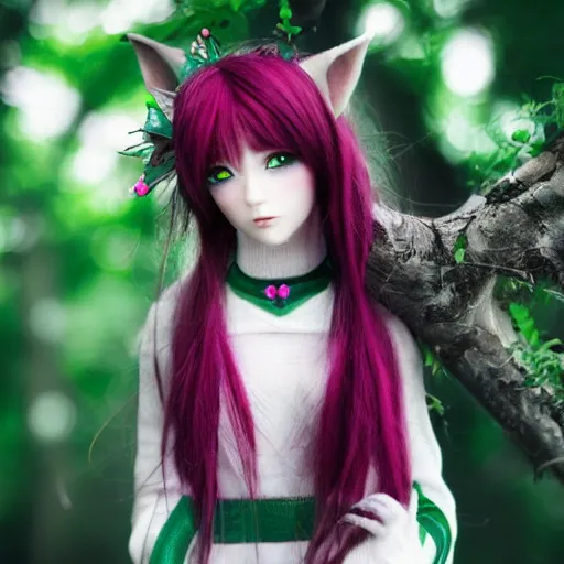 Image similar to hyper kawaii anime elf doll, druid theme, somber portraits, pursed lips, green eyes, bokeh background