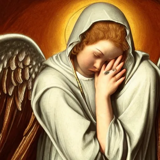 Prompt: a hooded angel praying, hyper realistic, hyper detailed, coherent, renaissance style,