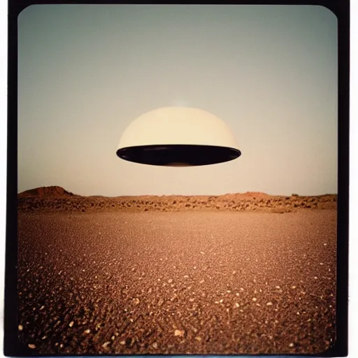 Image similar to a flying saucer over a the desert at night, distant!!, historical photo, old polaroid, expired film,