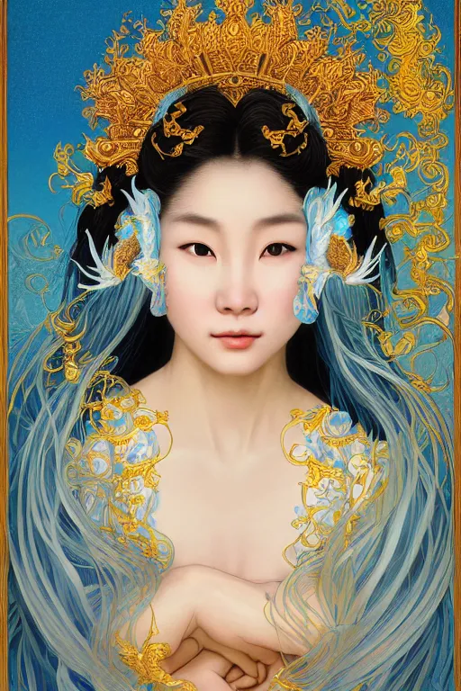 Image similar to a beautiful young Asian woman, Queen of the Sea Mu Yanling, long flowing white hair, blue and yellow robe that resembles floating wings, water flowing and floating around, young female face, liquid magic, cinematic top lighting, insanely detailed and intricate, face by Artgerm, design by Alphonse Mucha, Kuvshinov Ilya, Irakli Nadar, render by krenz cushart, golden ratio, symmetrical proportions, elegant, ornate, luxury, elite, matte painting, MTG, magic the gathering, trending on artstation, cinematic, cgsociety, 8k, high resolution,