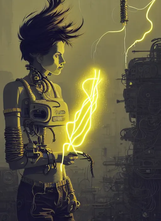 Image similar to highly detailed portrait of wasteland punk long curly bright yellow and white plasma electricity hair tribal lady, stray electric spark wiring by atey ghailan, james gilleard, by joe fenton, by greg rutkowski, by greg tocchini, by kaethe butcher, 4 k resolution, gradient yellow, black and white color scheme!!! ( ( lightning cloudy robotic dystopian city background ) )