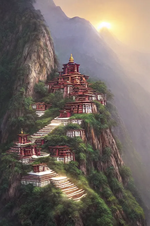 Prompt: Shangri-la at dawn, a Tibetan monastery at the edge of the cliff, powerfull, intricate, elegant, volumetric lighting, digital painting, highly detailed, artstation, sharp focus, illustration, concept art, ruan jia, steve mccurry