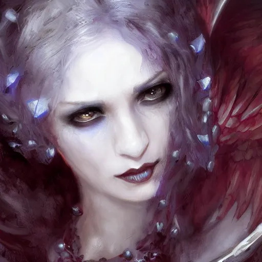 Image similar to raven winged female vampire, fantasy, portrait painted by Raymond Swanland