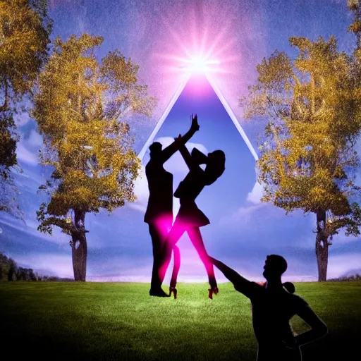 Image similar to a giantess man with a giant woman dancing together, enormous, big, photoshop, photo manipulation, trees, houses, street, hearts symbol, spotlight