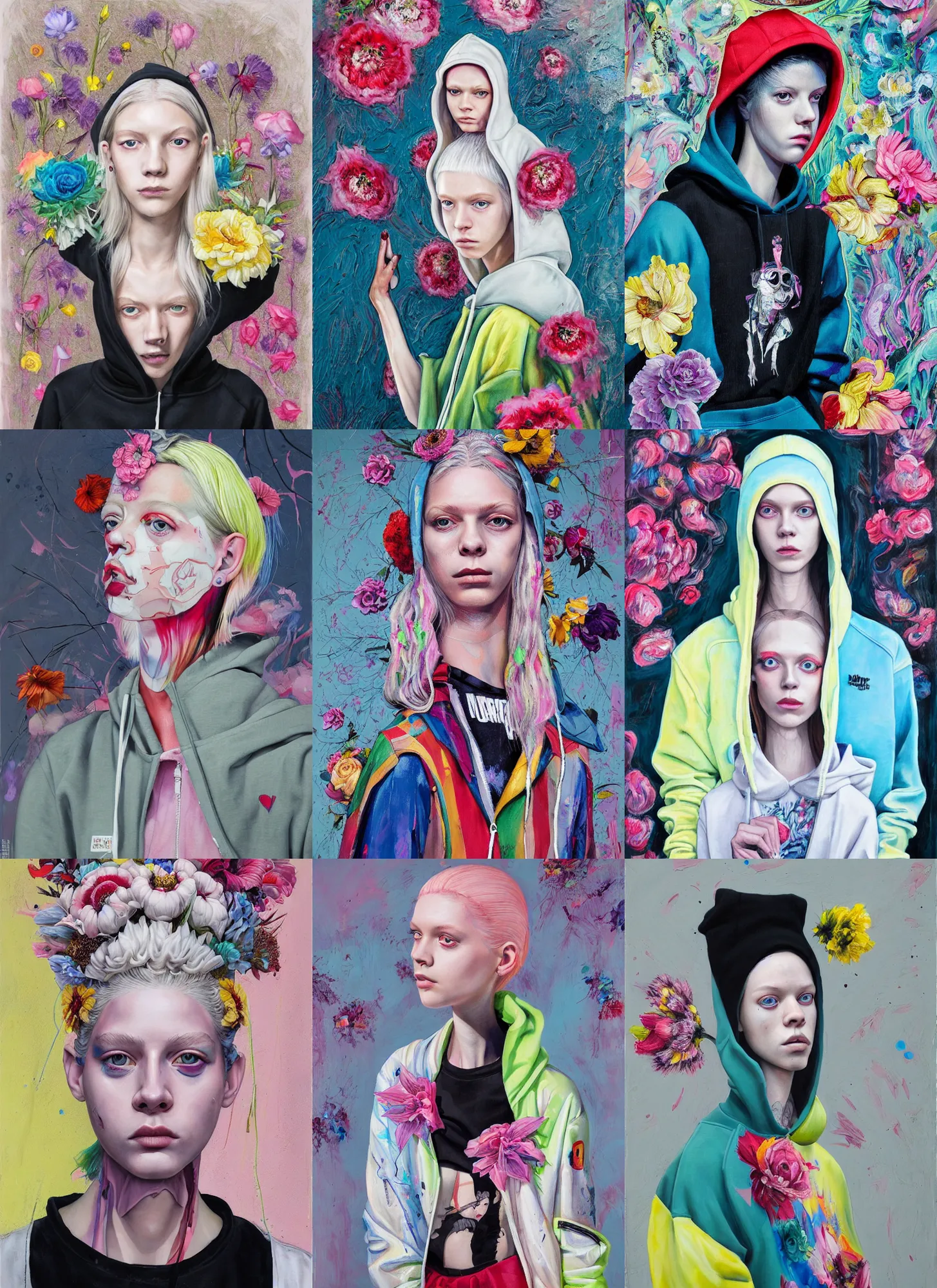 Prompt: painting by martine johanna of 2 5 yo hunter schafer wearing a hoodie standing in a township street in the style of stefan kostic, street clothing, haute couture! fashion!, full figure painting by nekro borja, tara mcpherson, david choe, decorative flowers, detailed painterly impasto brushwork, pastel color palette, die antwoord