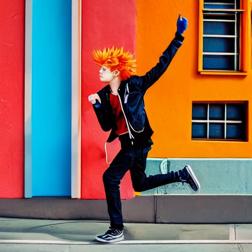 Image similar to orange - haired anime boy, 1 7 - year - old anime boy with wild spiky hair, wearing red jacket, running past colorful building, red - yellow - blue colored building, turquoise aquamarine windows, strong lighting, strong shadows, vivid hues, ultra - realistic, sharp details, subsurface scattering, intricate details, hd anime, 2 0 1 9 anime