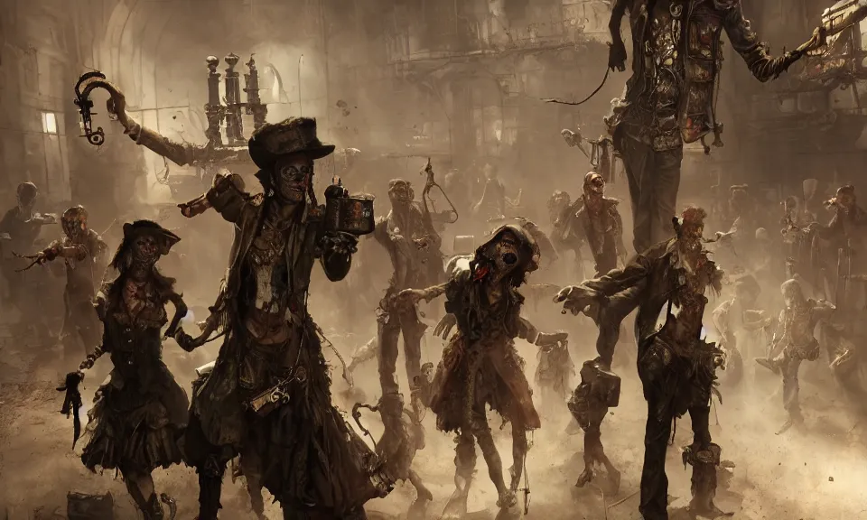 Prompt: Several Steampunk zombies at the steampunk cinema theater Greg Rutkowski, ArtStation, zenith view, CGSociety, ultra realistic, ray tracing, 3d render, HDR, Unreal Engine