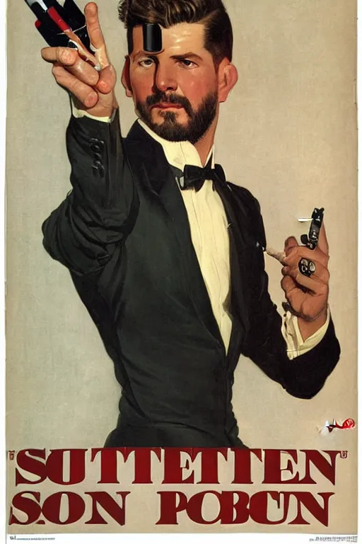 Image similar to Adam Jensen holding a cigarette in his robot hand, The Saturday Evening Post cover, by J. C. Leyendecker