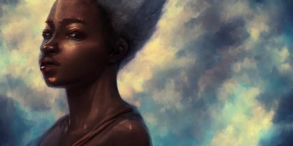 Image similar to portrait of african angel, cloud background, uplight, symmetrical!!, anime, prism highlights, depth of field, cinematic, filmic, vsco, concept art, artstation, digital painting, elegant, epic, focus