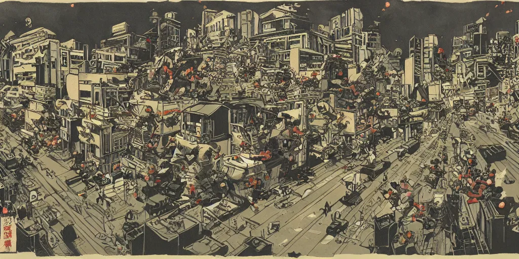 Image similar to a horde of monkeys attacking a city in Japan by Ashley Wood, 3 point perspective, rule of thirds