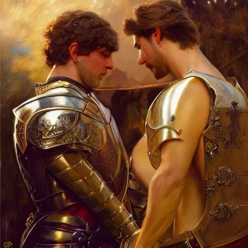 Image similar to attractive male prince fully clothed confesses his love for his attractive male knight fully clothed. highly detailed painting by gaston bussiere, craig mullins, j. c. leyendecker 8 k