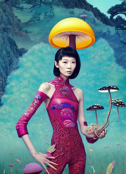 Image similar to pretty chinese model with futuristic mushroom : : by martine johanna and simon stalenhag and chie yoshii and casey weldon and wlop : : ornate, dynamic, particulate, rich colors, intricate, elegant, highly detailed, vogue, harper's bazaar art, fashion magazine, smooth, sharp focus, 8 k, octane render,
