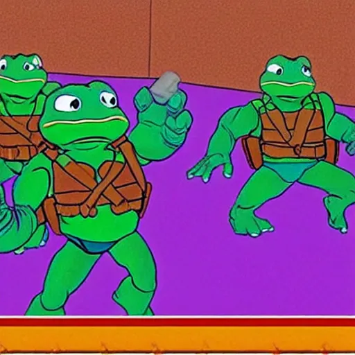 Image similar to screenshot from the missing episode of the 90s tv show sliders where the sliders met up with the teenage mutant ninja turtles, and are about to slide through a vortex