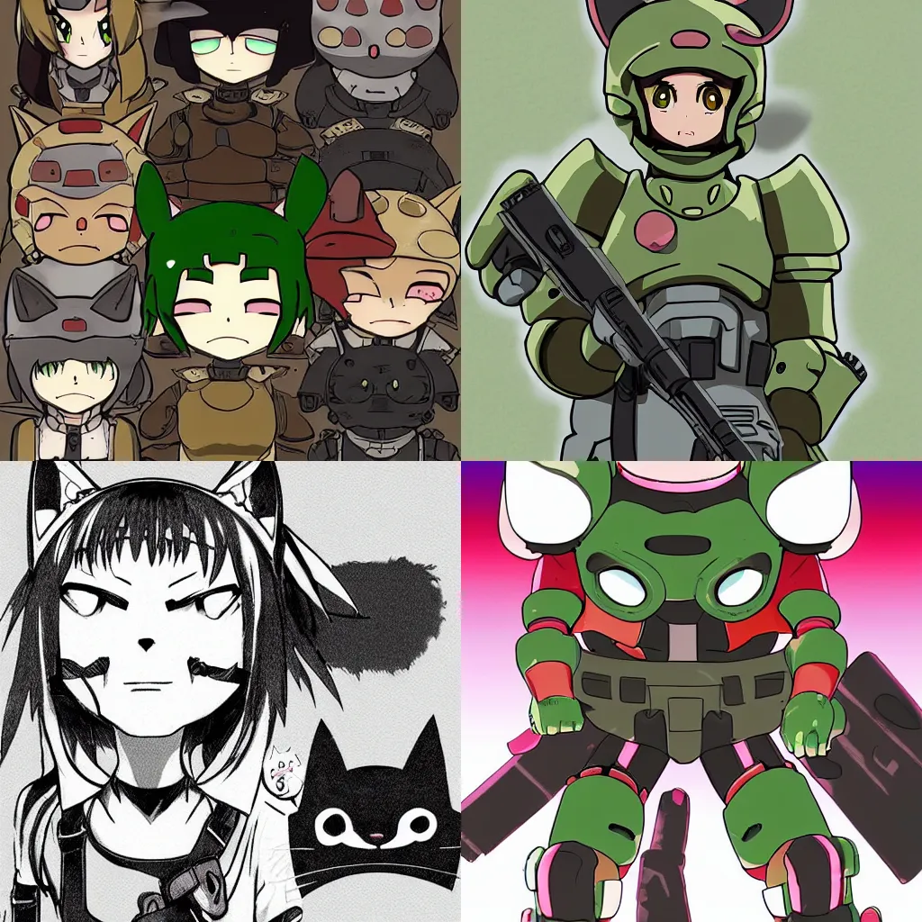 Prompt: Kawaii doomguy with cat ears, anime, high quality, detailed, cute, Doom game, by Studio Ghibli