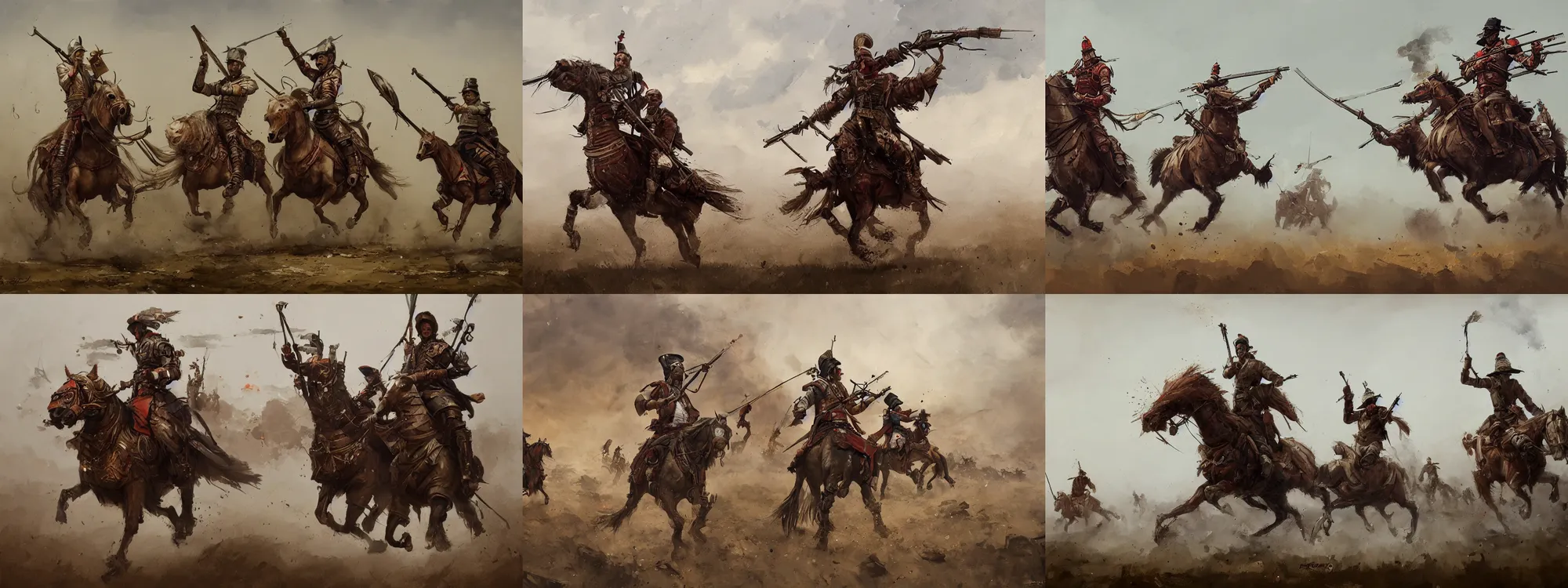 Prompt: turkic horse riders wielding revolvers and shooting into air, papyrus, watercolored, high quality, jakub rozalski, dieselpunk, concept art, trending on artstation