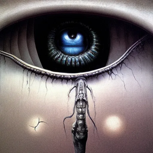 Prompt: Eyes by Zdzislaw Beksinski, Jeffrey Smith and H.R. Giger, oil on canvas, 8k highly professionally detailed, trending on artstation