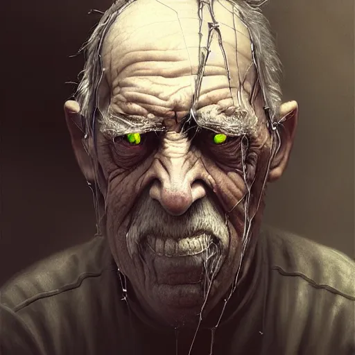 Prompt: an old man with thick cobwebs covering his face, cobwebs, spooky, atmosphere, detailed, realistic, unreal engine, cgsociety, by wlop and artgerm