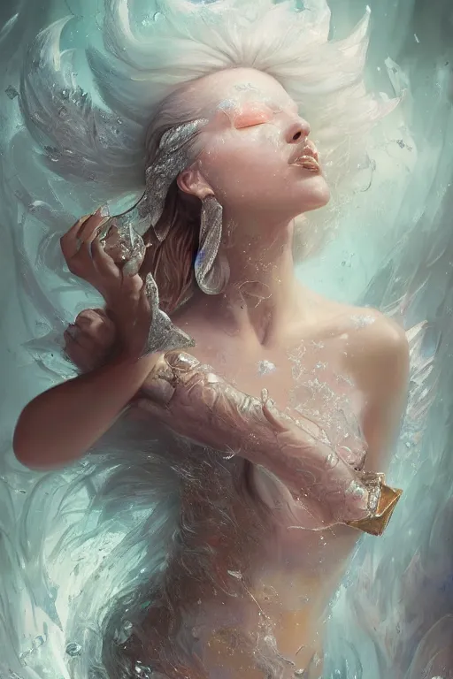 Prompt: beautiful model drowning with face covered with frost diamonds wearing frost velvet, diamonds, angel, fantasy, dramatic lighting, highly detailed, digital painting, magic the gathering, hyper detailed, 3 d render, hyper realistic detailed portrait, peter mohrbacher, wlop, ruan jia