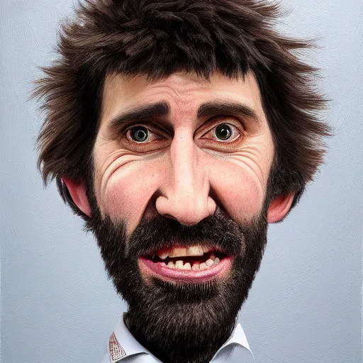 Image similar to Caricature portraits done of Gruff Rhys, realistic, hyperrealistic, very realistic, highly detailed, very detailed, extremely detailed, detailed, oil painting, digital art, trending on artstation