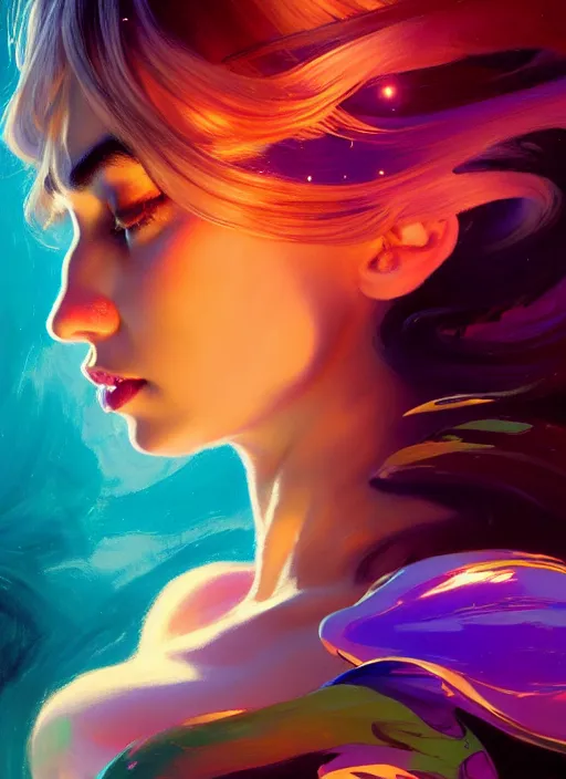 Prompt: side portrait, imogen poots, paladin, fantasy, gloomhaven, luminescent, organic painting, colorful swirly ripples, gaudy colors, by greg manchess, huang guangjian, gil elvgren, sachin teng, greg rutkowski, jesper ejsing, ilya kuvshinov