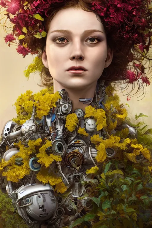 Image similar to a beautiful fine art RPG portrait photo of a robot female cyborg, spread out curly hair covered by hibiscus, daffodils, hydrangea, montsera leaves by tom bagshaw and zach sutton, golden ratio composition, soft studio lighting, soft vignette, 50mm lens, very detailed, bionic, cybernetic scifi, deep depth of field, artstation, 8K