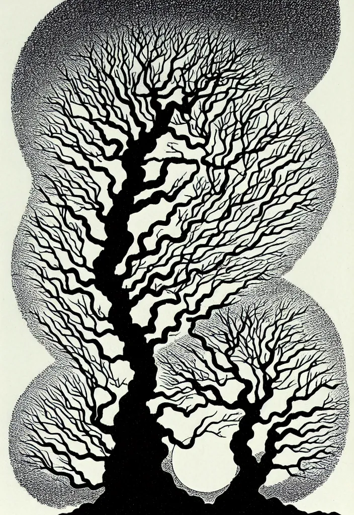 Image similar to prompt: magical white skeleton Bonsai tree roots merging into big moon drawn by Rene Magritte, Japanese woodblock print style, clean ink detailed line drawing, intricate detail, manga 1990