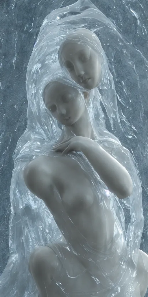 Prompt: a delicate renaissance marble sculpture covered with water veil, highly detailed transparent marble cloth, gi, global illumination, physically based rendering, photorealistic, top light, dark background by Edgar Maxence and Ross Tran