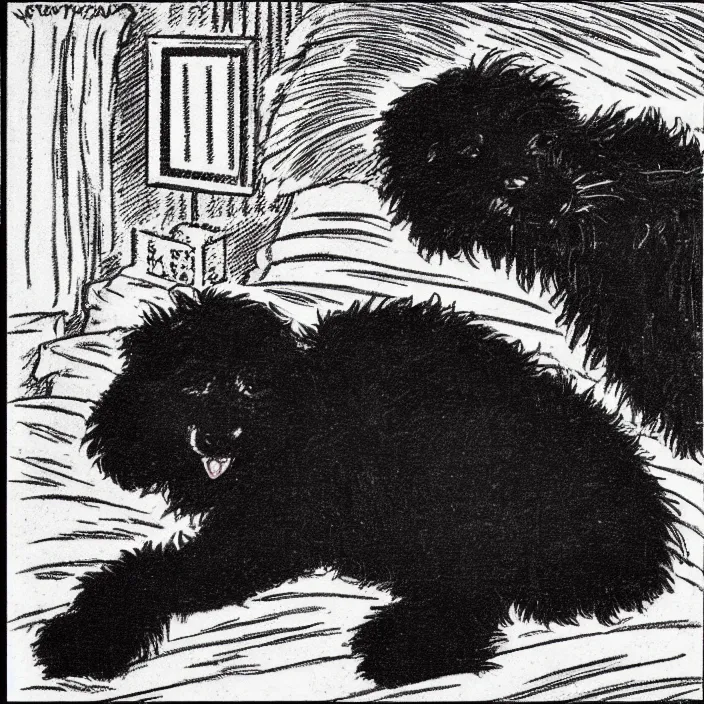 Image similar to a still frame from comic strip, a portrait of black fluffy furry sleeping dog 1 9 5 0, herluf bidstrup, new yorker illustration, monochrome bw, lineart, manga, tadanori yokoo, simplified,