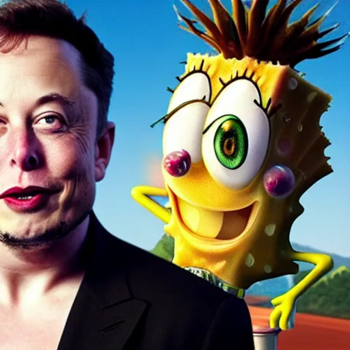 Image similar to Elon Musk and SpongeBob smoking weed ,4K, quality, realistic