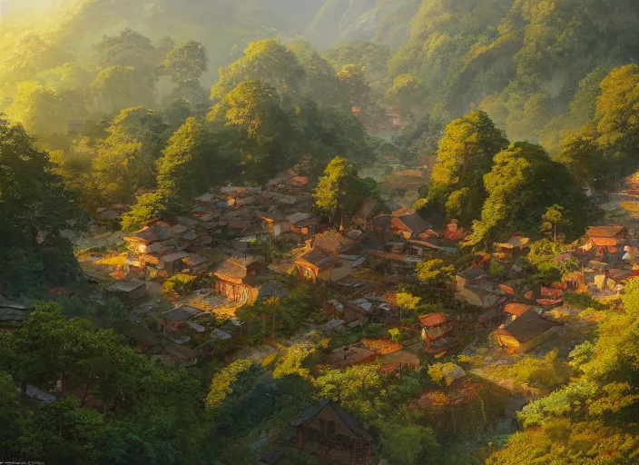 Image similar to concept art painting of a small woodland village in a valley seen from above, european japanese buildings, early morning, cel shaded, detailed, realistic, by makoto shinkai and moebius and greg rutkowski and james gurney