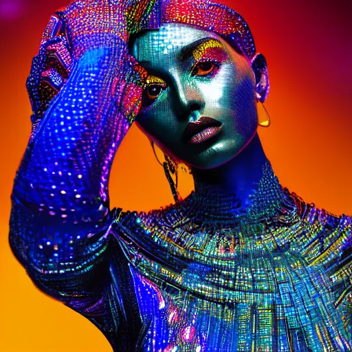 Image similar to hyperdetailed masterpiece portrait of a glossy dark blue metallic statue of a woman covered in colorful glowing digital circuits and hexagons, symmetrical, in the style of virgil abloh, offwhite, heron prestorn, denoise, vogue, paris, fashion, louvre museum, highly detailed, realistic, hyperreal, 8 k, 4 k, render
