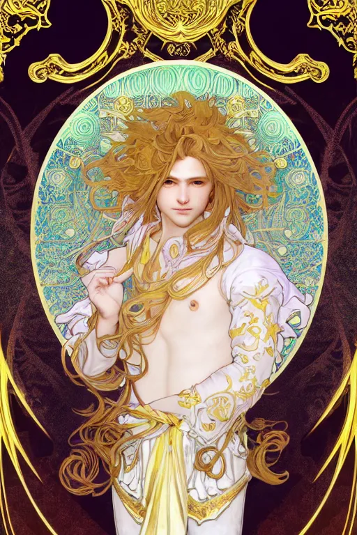 Prompt: fullbody portrait of a young hero with curly blond hairs, soft smile, baroque cloth, luminous scene, final fantasy and legue of legends champion, by chengwei pan and alpfons mucha, gradient white to gold, in front of an iridescent magical building background, highly detailed portrait, digital painting, smooth, focus illustration