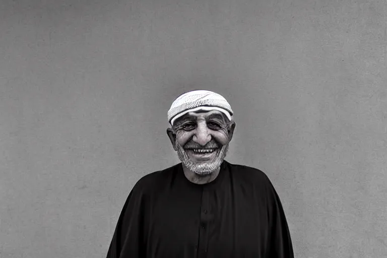 Prompt: still photo of an arab old man smiling at the camera on the street, black and white color aesthetic, highly detailed, photorealistic portrait, bright studio setting, studio lighting, crisp quality and light reflections, unreal engine 5 quality render