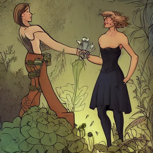 Prompt: modest short - haired handsome muscular blonde butch tomboy woman engineer standing beside taller dark fae feathered modest gothic jennifer connelly, in a beautiful lush garden at night, falling in love, highly detailed, romantic, trending on art station, illustration, mike mignola, comic book