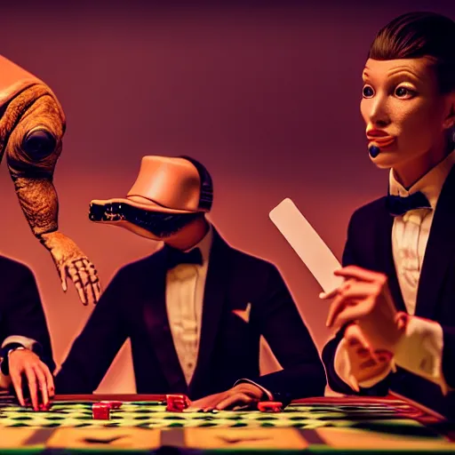 Image similar to hyperrealism simulation highly detailed human turtles'wearing detailed tuxedos and smoking, playing poker in surreal scene from cyberpunk movie from future by wes anderson and denis villeneuve and mike winkelmann rendered in blender and octane render