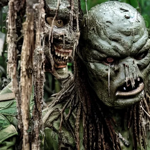 Image similar to film still of viktor orban as major dutch, covered in mud and hiding from the predator predator predator in swamp scene in 1 9 8 7 movie predator, hd, 4 k