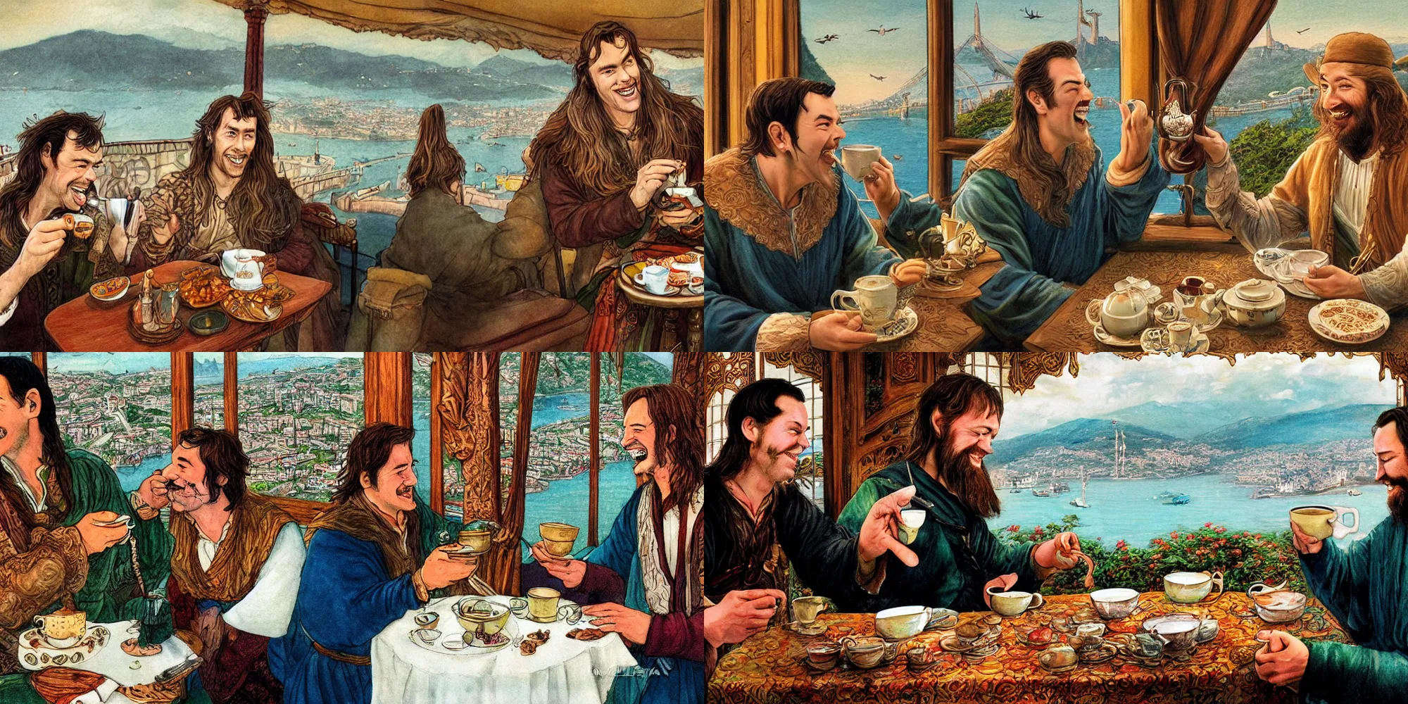 Prompt: close up illustration of elrond and tom bombadil having a cup of turkish coffee in a coffee house overlooking stunning view of the bosphorus strait in istanbul, cinecolor, ethereal, laughing and having fun, hypermaximalist, elegant, ornate, fantasy art, by alan lee, by tolkien, by dan hennah, by peter jackson