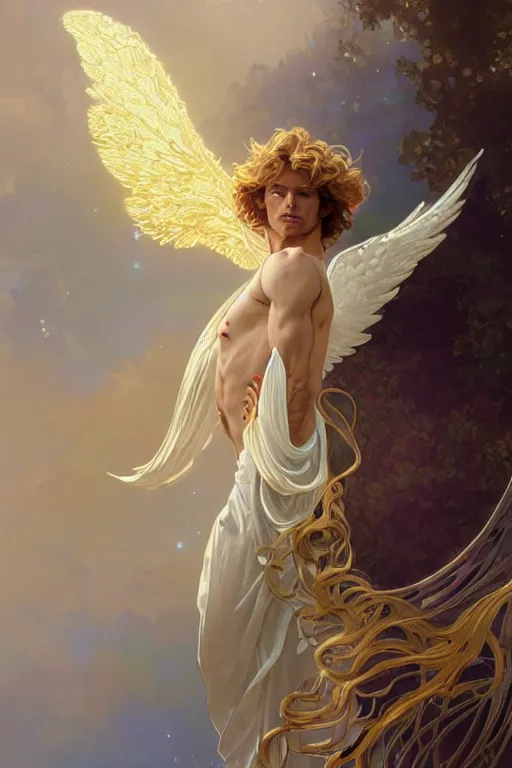 Image similar to portrait of a beautiful young fit male angel with curly blond hairs, dressed with fluent clothes, majestic wings, luminous halo, by greg rutkowski and alphonse mucha, d & d character, gradient white to gold, in front of an iridescent background, highly detailed portrait, digital painting, artstation, concept art, smooth, sharp focus ilustration, artstation hq