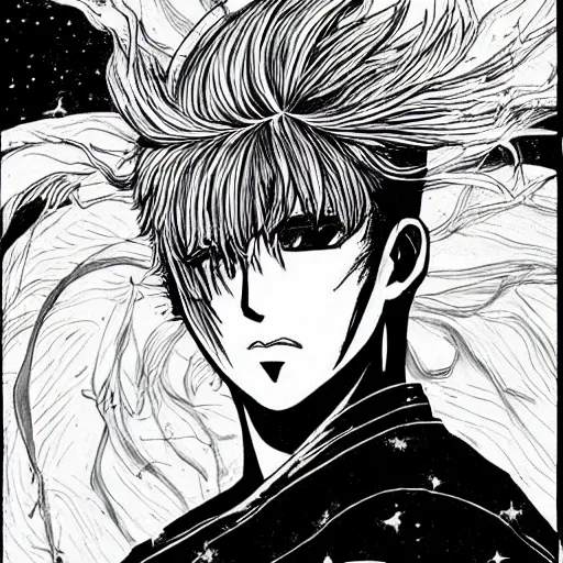 Image similar to black and white pen and ink!!!!!!! MAPPA designed Ryan Gosling x Guts wearing cosmic space robes made of stars final form flowing royal hair golden!!!! Vagabond!!!!!!!! floating magic swordsman!!!! glides through a beautiful!!!!!!! Camellia!!!! Tsubaki!!! death-flower!!!! battlefield dramatic esoteric!!!!!! Long hair flowing dancing illustrated in high detail!!!!!!!! by Moebius and Hiroya Oku!!!!!!!!! graphic novel published on 2049 award winning!!!! full body portrait!!!!! action exposition manga panel black and white Shonen Jump issue by David Lynch eraserhead and beautiful line art Hirohiko Araki!! Rossetti, Millais, Mucha, Jojo's Bizzare Adventure!!