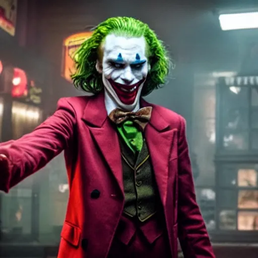 Prompt: film still of Ronald McDonald as joker in the new Joker movie