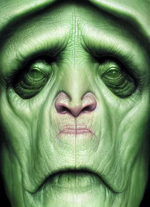Image similar to green orc female, light green tone beautiful face by wayne barlowe